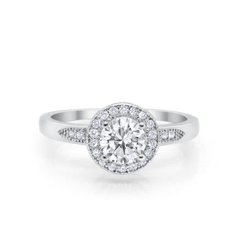 Halo Art Deco Engagement Ring Round Simulated Cubic Zirconia 925 Sterling Silver